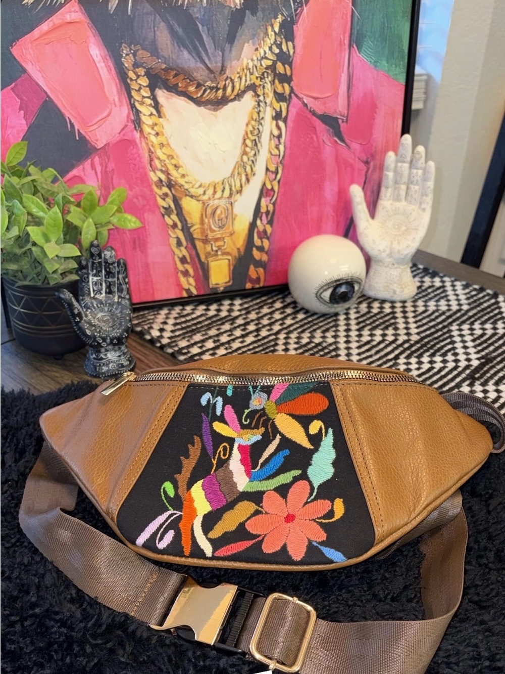 Brown Leather Embroidered Fanny Bag